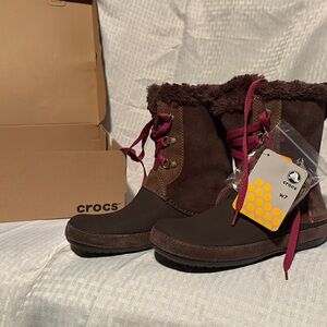 CROCS Brown and Pink Winter Rain Boots